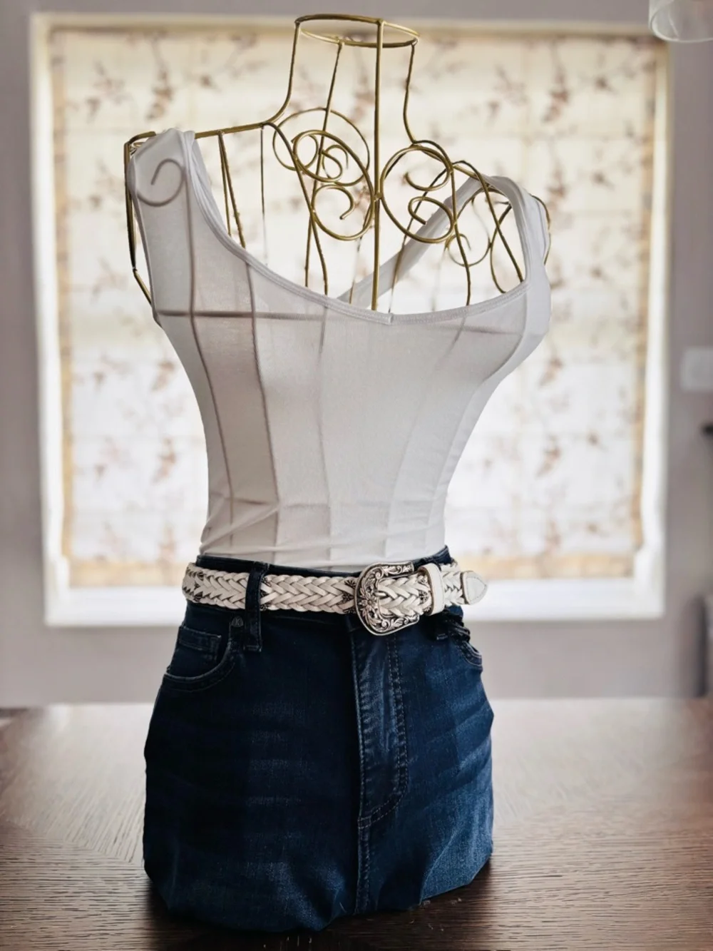 Boho Western Braided Leather Belt White Silver Buckle Anthropologie Style